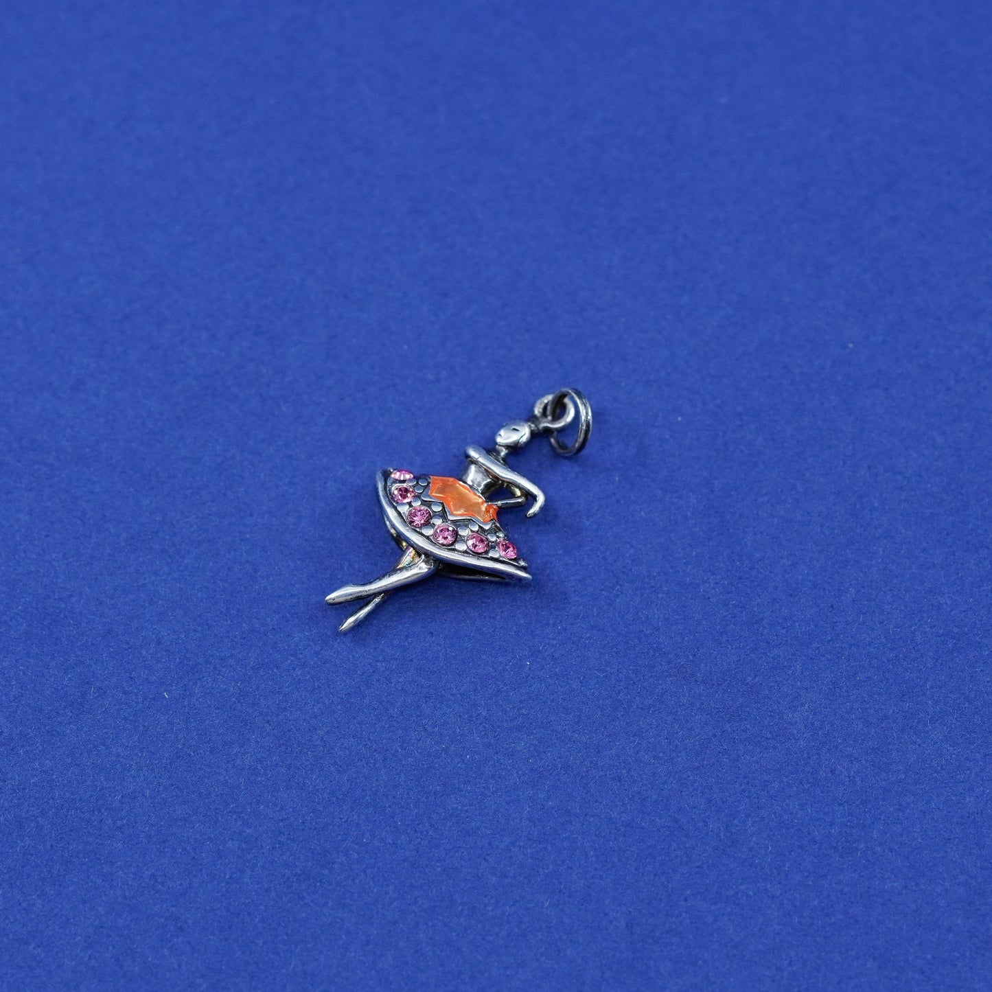 Vintage Sterling silver handmade pendant, 925 dancer charm with pink cz