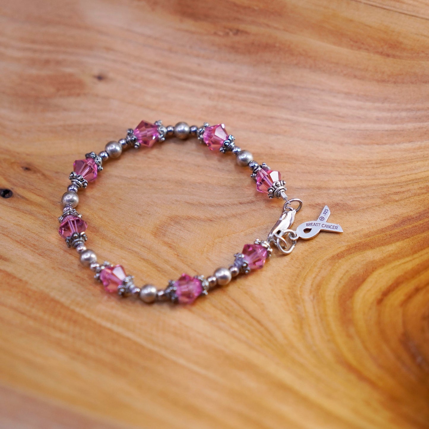 6.75”, Sterling silver bracelet, 925 beads crystal breast cancer ribbon charm