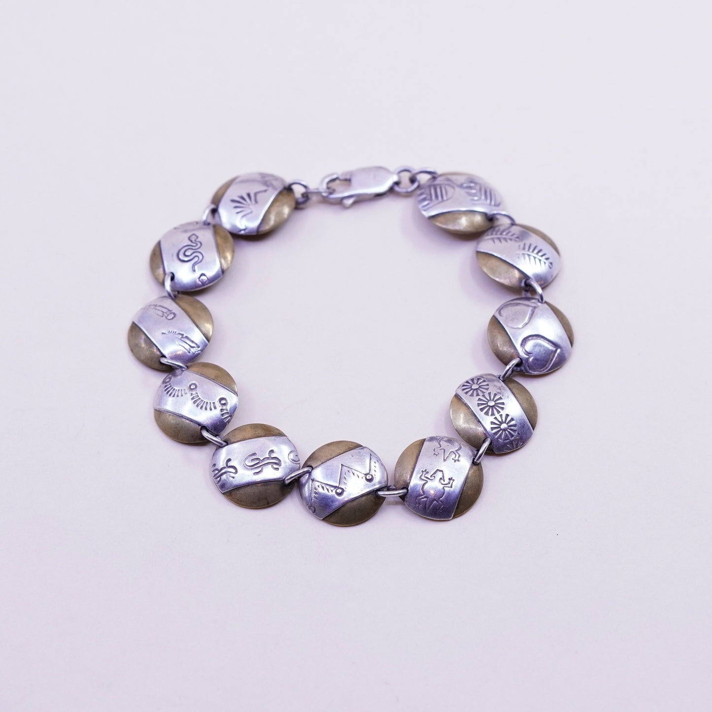 6.5”, Native American sterling 925 silver handmade circle disc charm bracelet