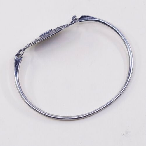 6.5”, Vtg Mexico Sterling Silver Hinged Bangle, 925 Bracelet W/ Turquoise