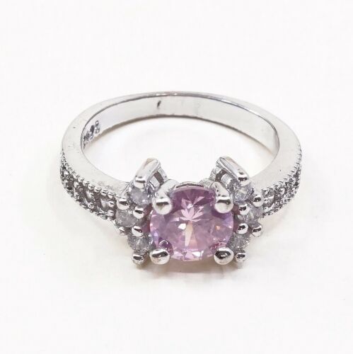 Sz 6.5, Vtg Sterling 925 Silver Ring W/ Pink Heart Cz Inlay, Stamped 925