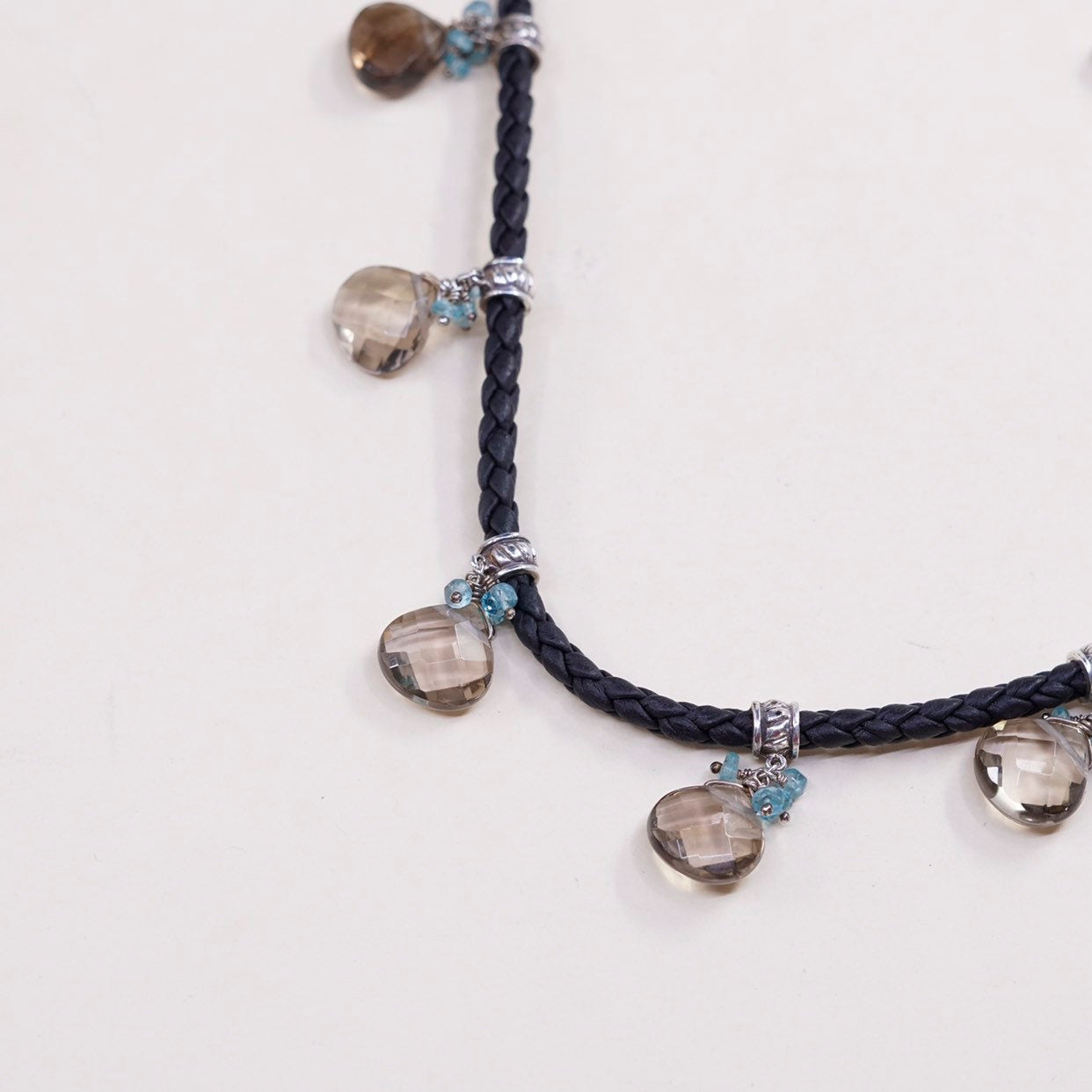 16", sterling silver choker collar necklace w/ leather Teardrop topaz charm