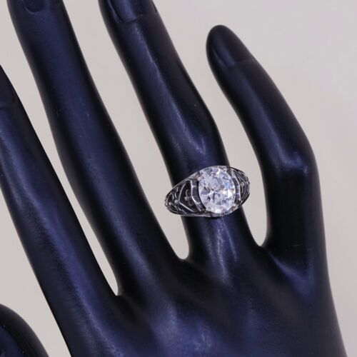 Sz 5.5, Vtg Sterling silver handmade ring, 925 Filigree band W/ CZ N Heart