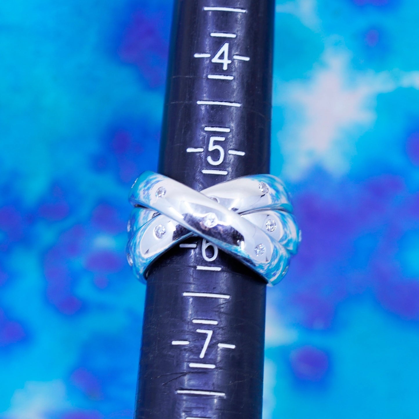 Size 6, vintage Mexico Sterling silver handmade ring, 925 entwined band with cz
