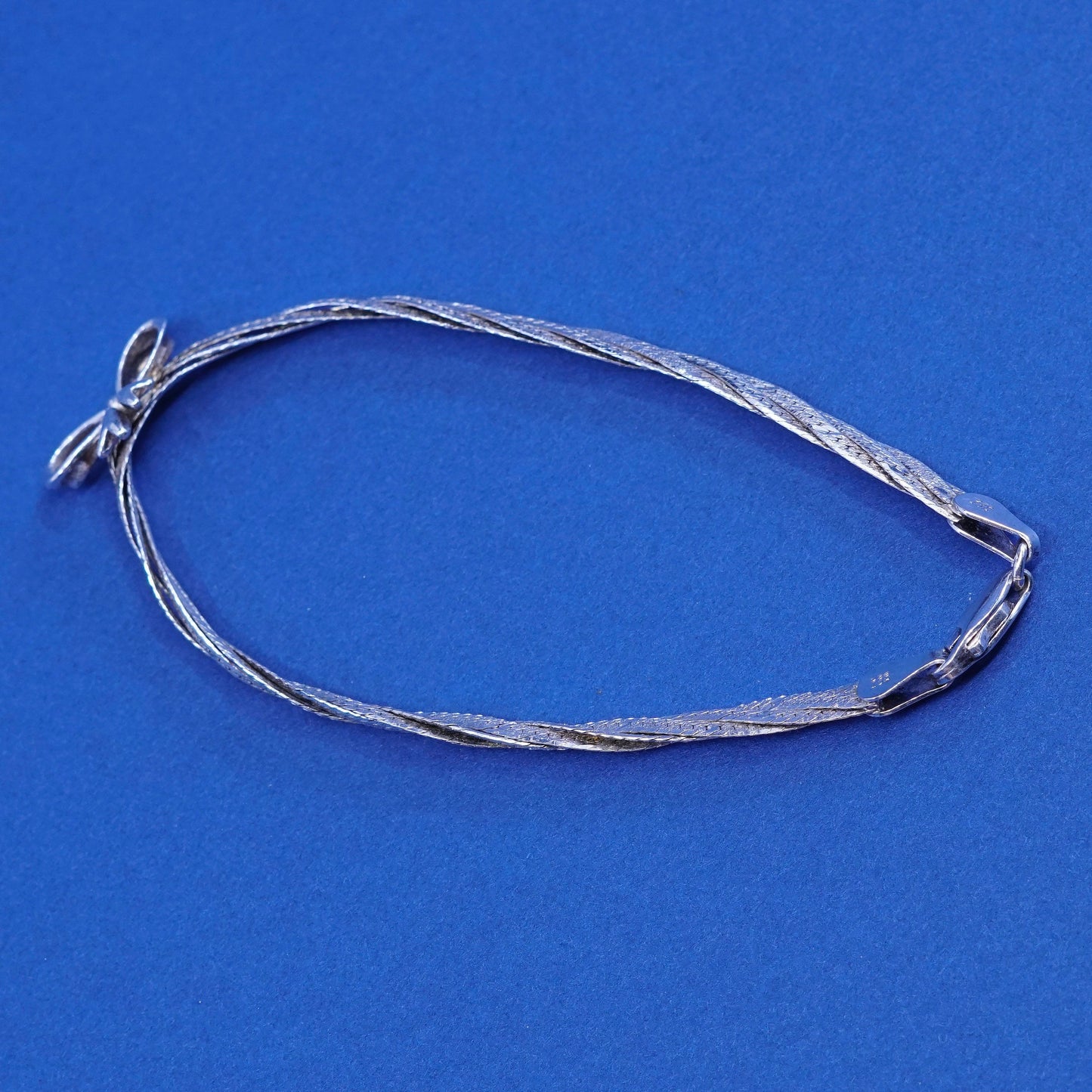 7”, Sterling silver handmade bracelet 925 twisted herringbone w/ bow tie ribbon