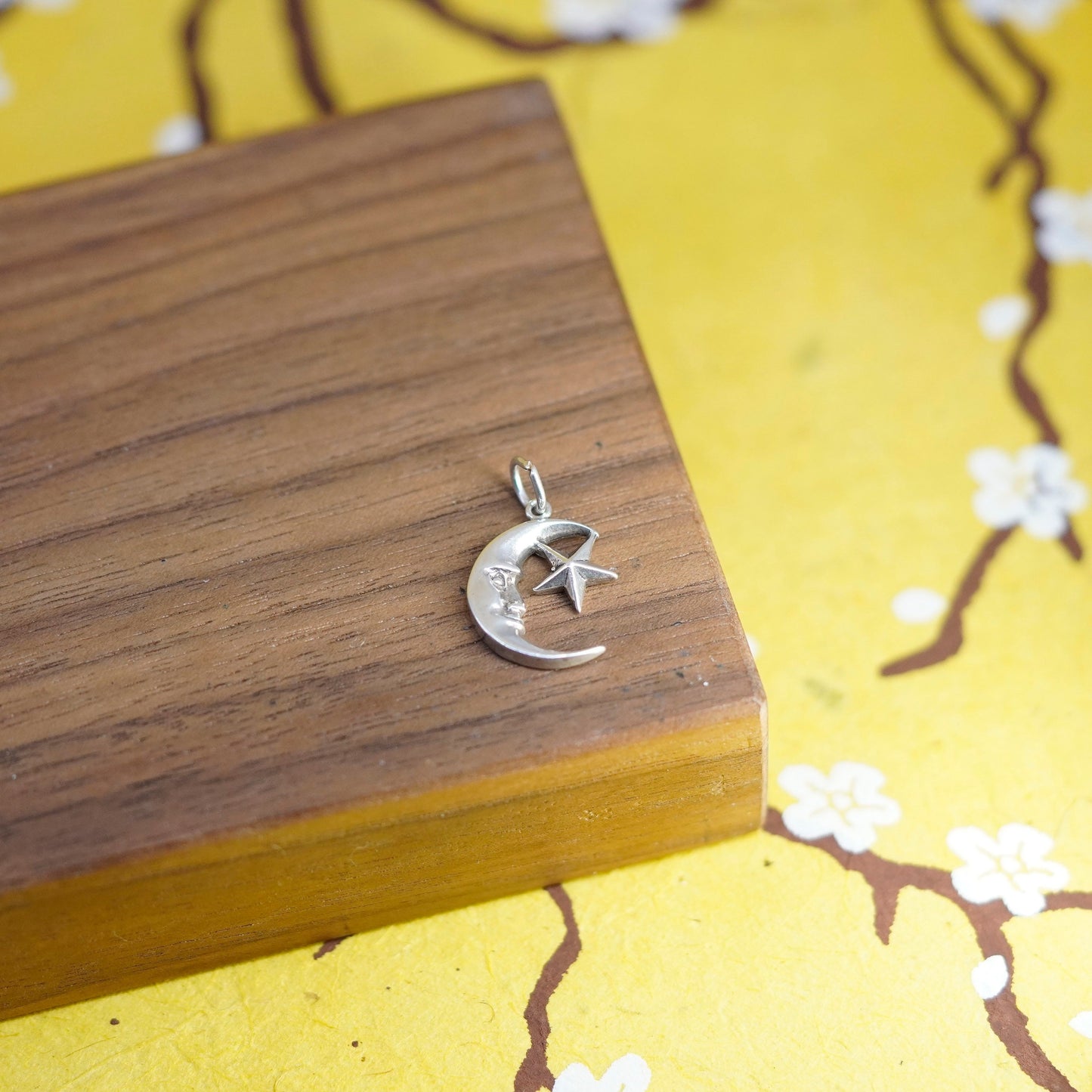 Vintage Sterling silver handmade pendant, 925 moon face star charm
