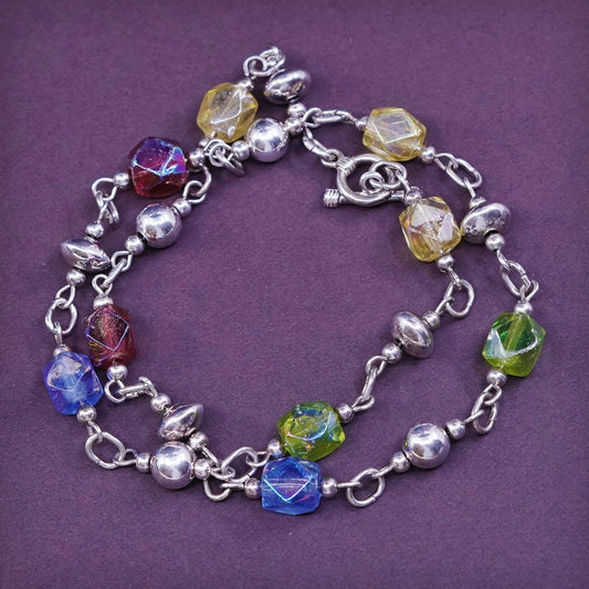 16", Sterling silver necklace 925 circle chain w/ crystal beads Toggle Closure