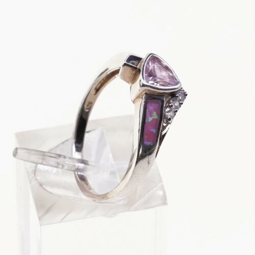 Sz 7.25, Vtg Sterling 925 Silver Ring W/ Pink Heart Cz N Opal Inlay, Stamped 925