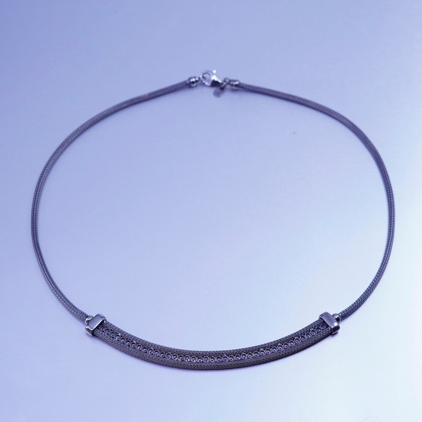 18”, Italy oxidized Sterling 925 silver bold wheat chain bar pendant cz