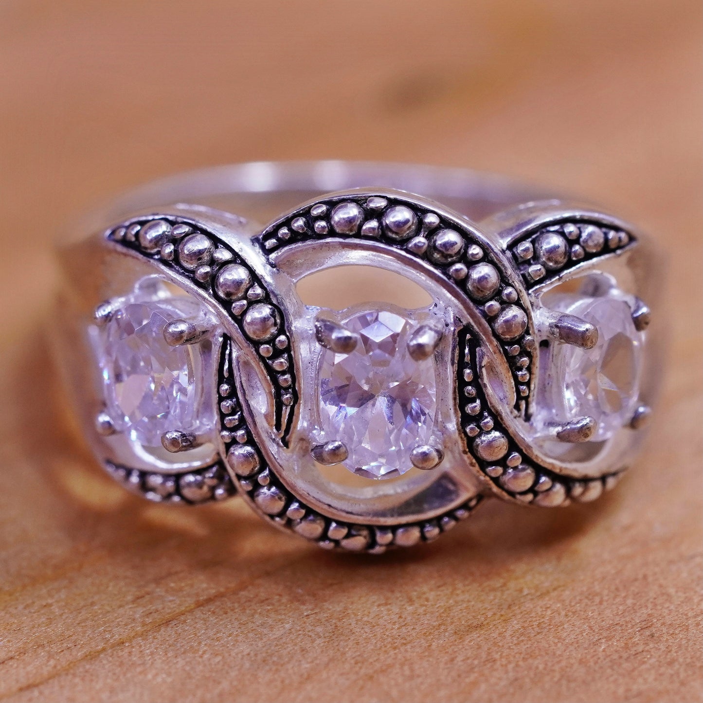 Size 8, vintage Sterling 925 silver engagement ring with cz and beads