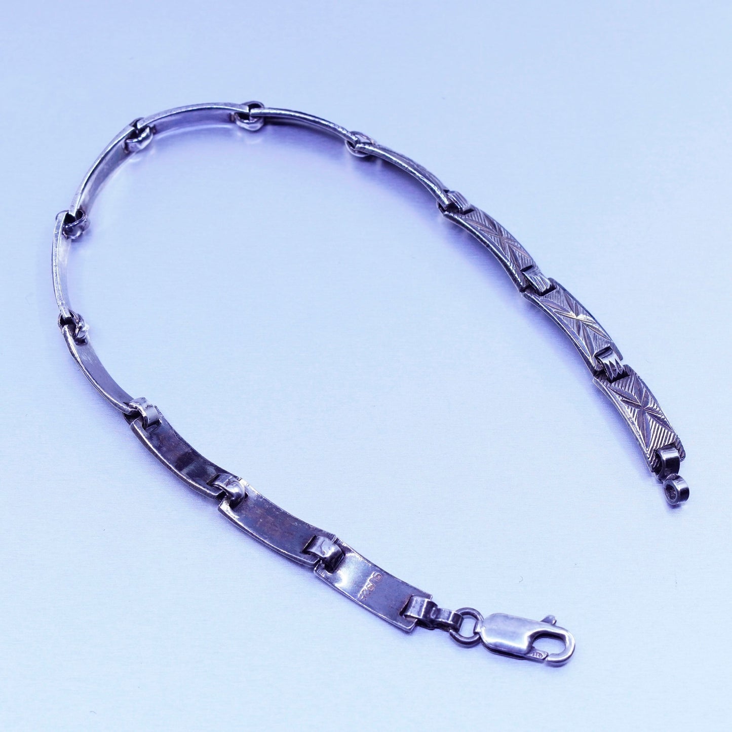 7”, vtg Italy Sterling 925 silver handmade bracelet, textured rectangular chain