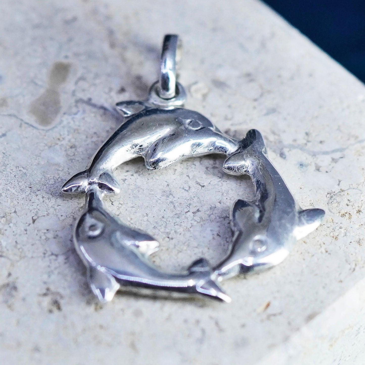 Vintage Sterling silver handmade circle Dolphin pendant, 925 charm