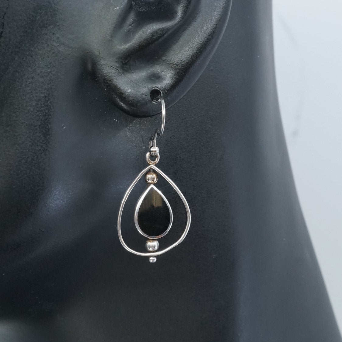 vtg sterling silver handmade earrings, 925 w/ teardrop obsidian