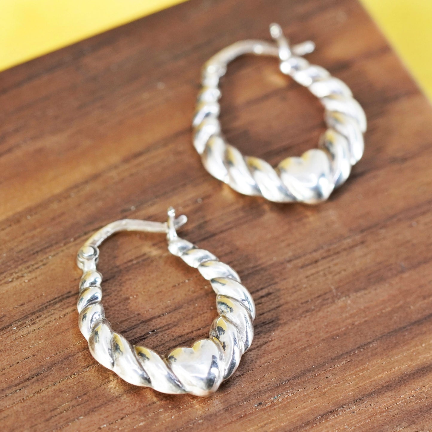 0.75”, vintage Sterling silver handmade earrings, ribbed hoops with heart