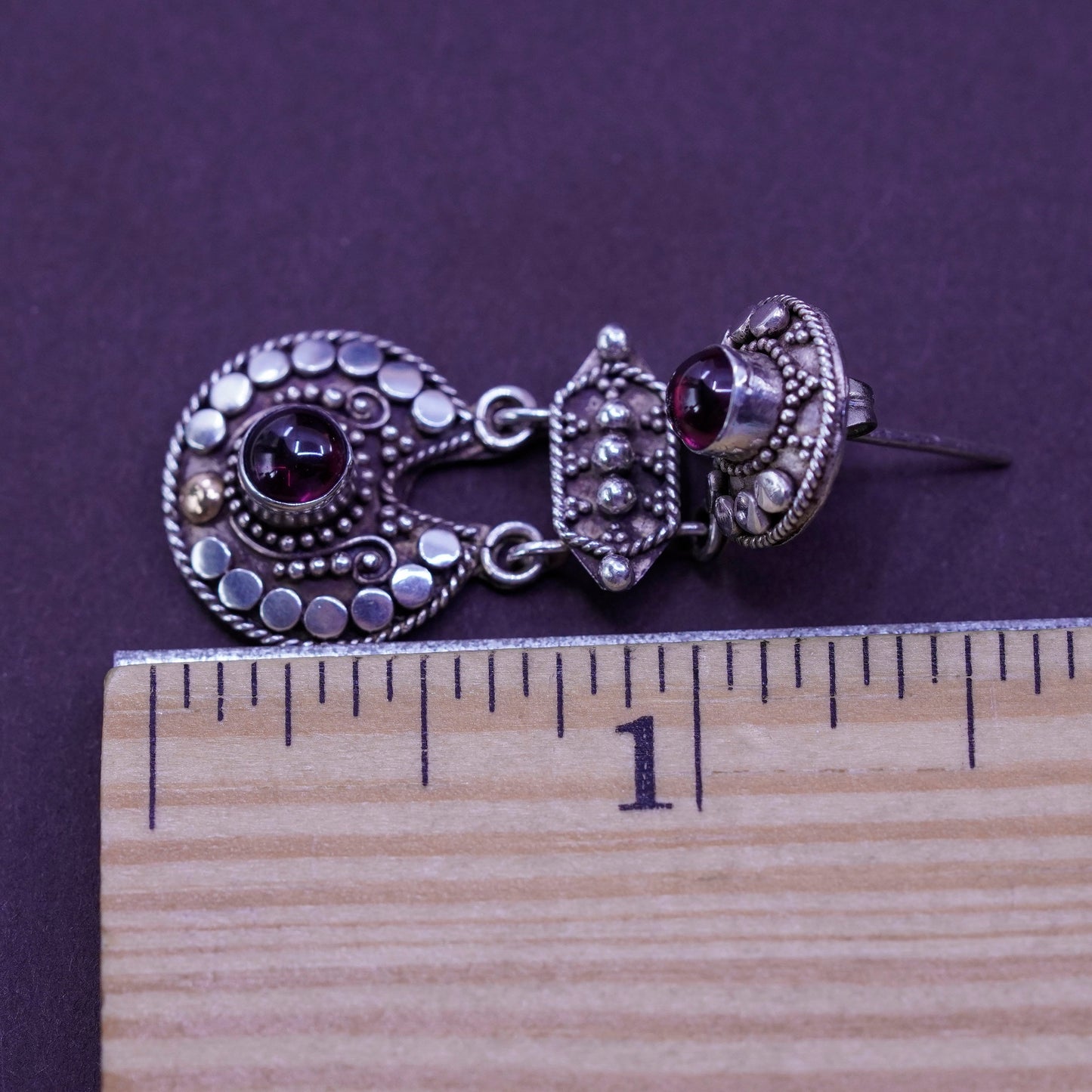 Two tone handmade sterling 925 silver earrings with 14K accent and garnet beads