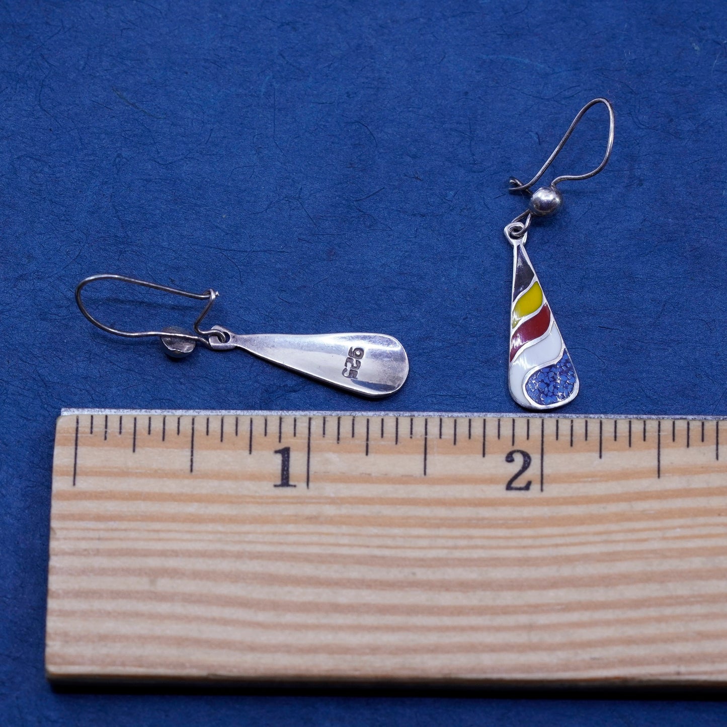 Vintage sterling 925 silver handmade teardrop earrings with enamel