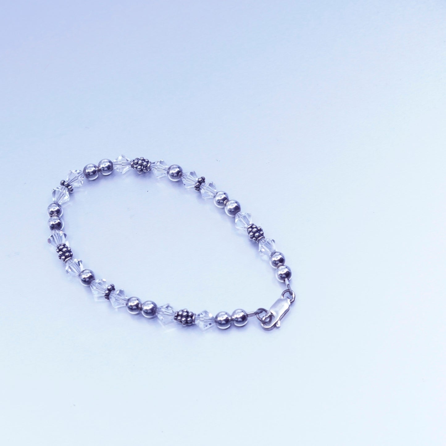 7.25”, vintage Sterling 925 silver handmade bracelet with clear crystal beads