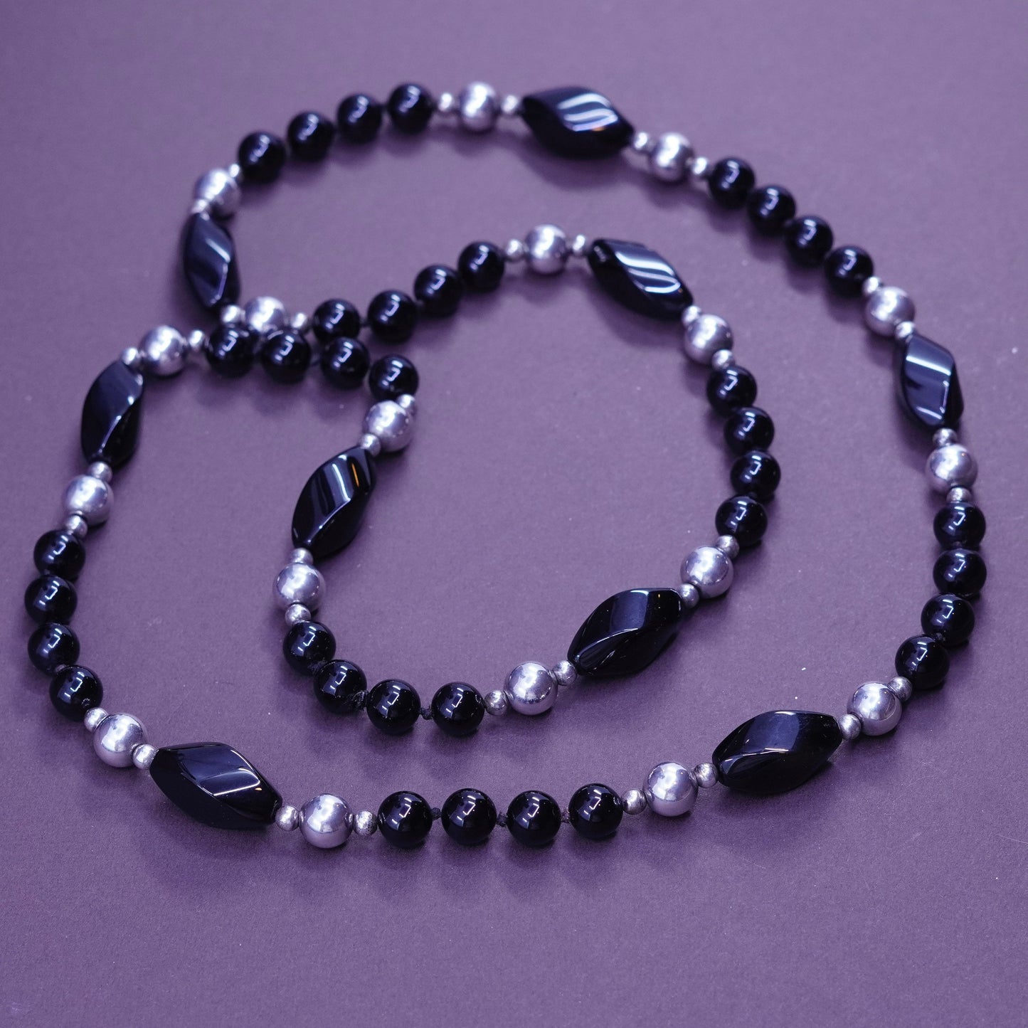 30” vintage sterling 925 silver handmade necklace with obsidian beads