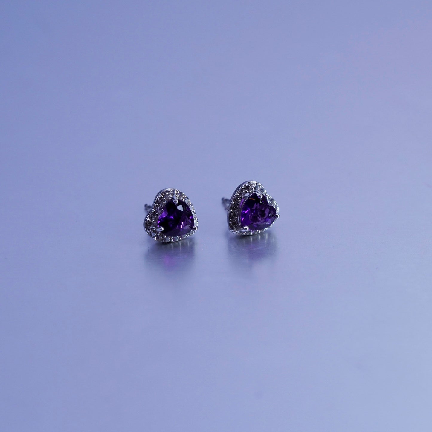Vintage Sterling 925 silver earrings, studs with heart amethyst and cz around