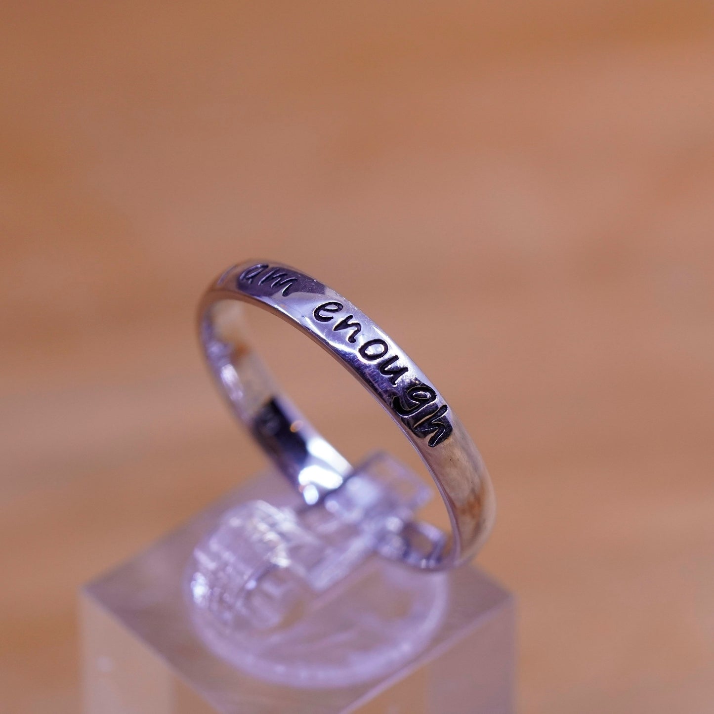 Size 11.25, Sterling silver inspirational ring, 925 quote band “i am enough.”