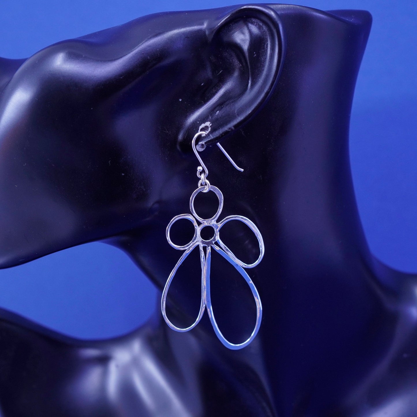 Vintage Sterling silver handmade earrings, huge 925 flower drops