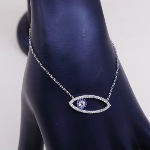 9.25” Vtg Sterling Silver Bracelet, 925 Circle Chain W/ Evil Eye N Cluster Cz