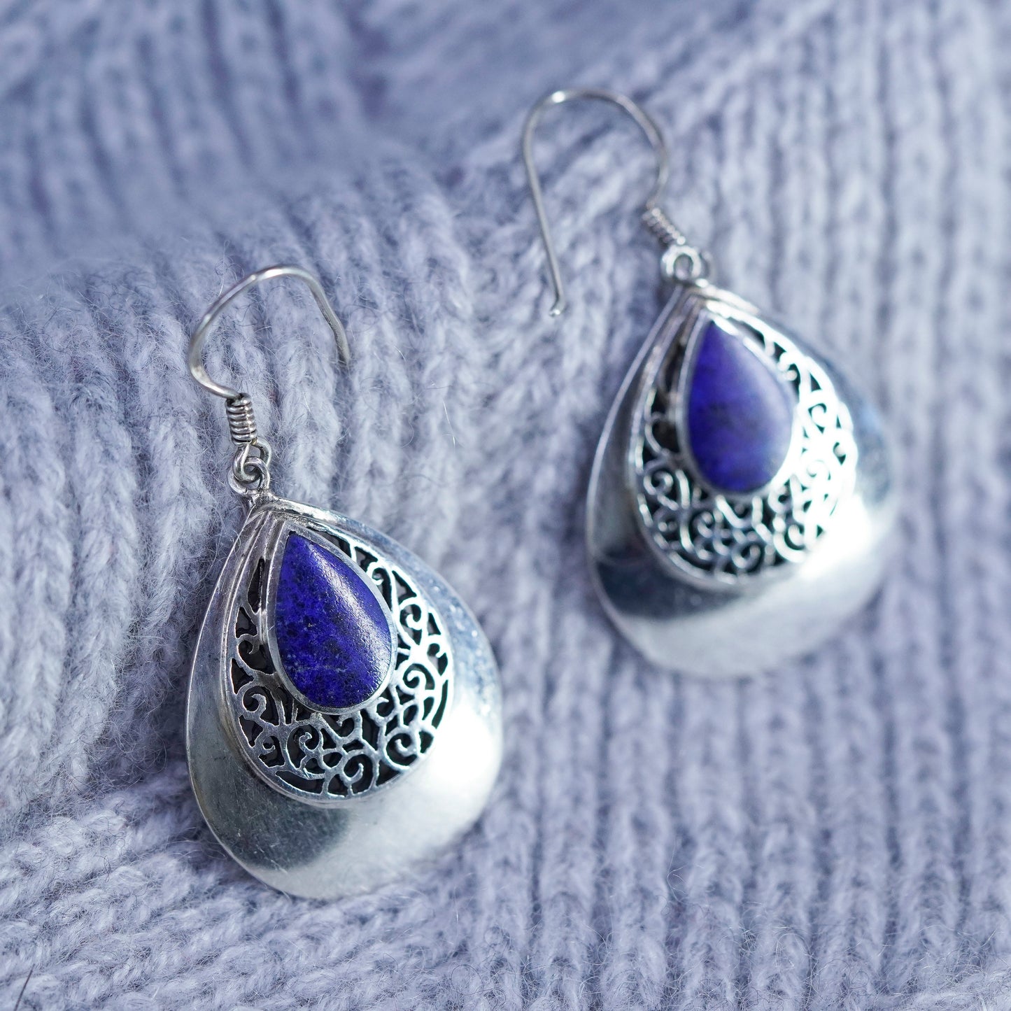 Boma Sterling 925 silver handmade teardrop filigree earrings with lapis lazuli