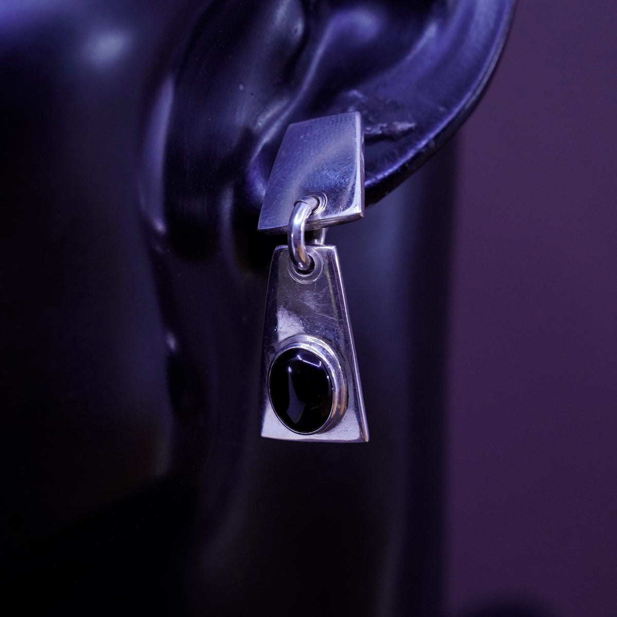 Vintage Mexico BMH handmade sterling 925 silver earrings with obsidian dangles