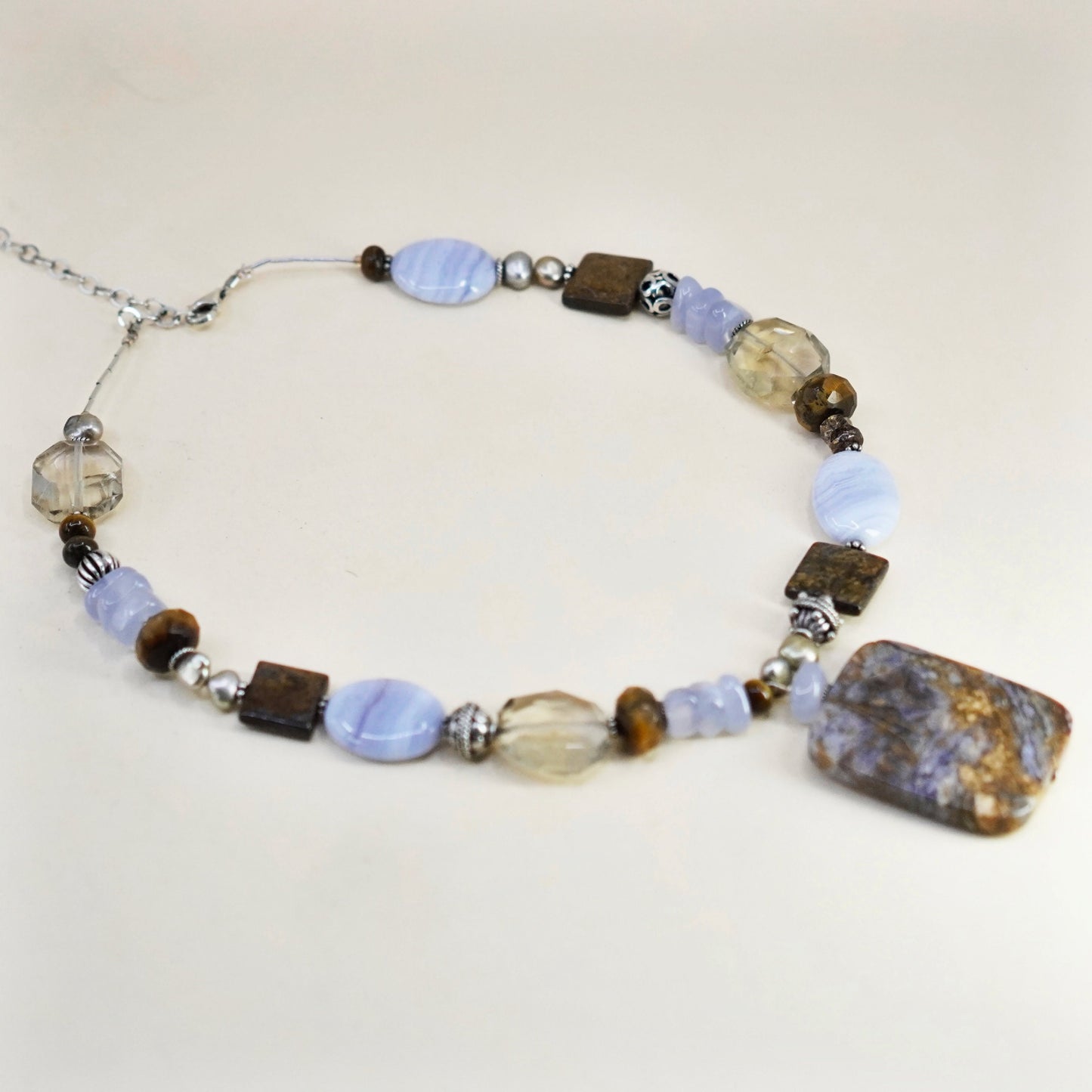 15+2.5”, handmade Checker Cut lace agate citrine golden tiger eye pendant
