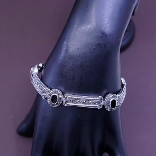 7.25”, Sterling silver bracelet, 925 tennis bracelet w/ marcasite obsidian