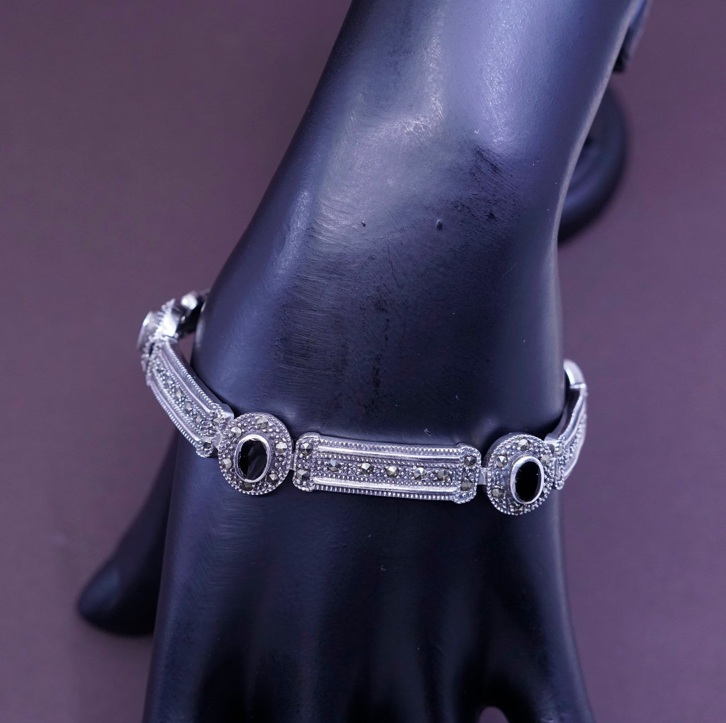 7.25”, Sterling silver bracelet, 925 tennis bracelet w/ marcasite obsidian