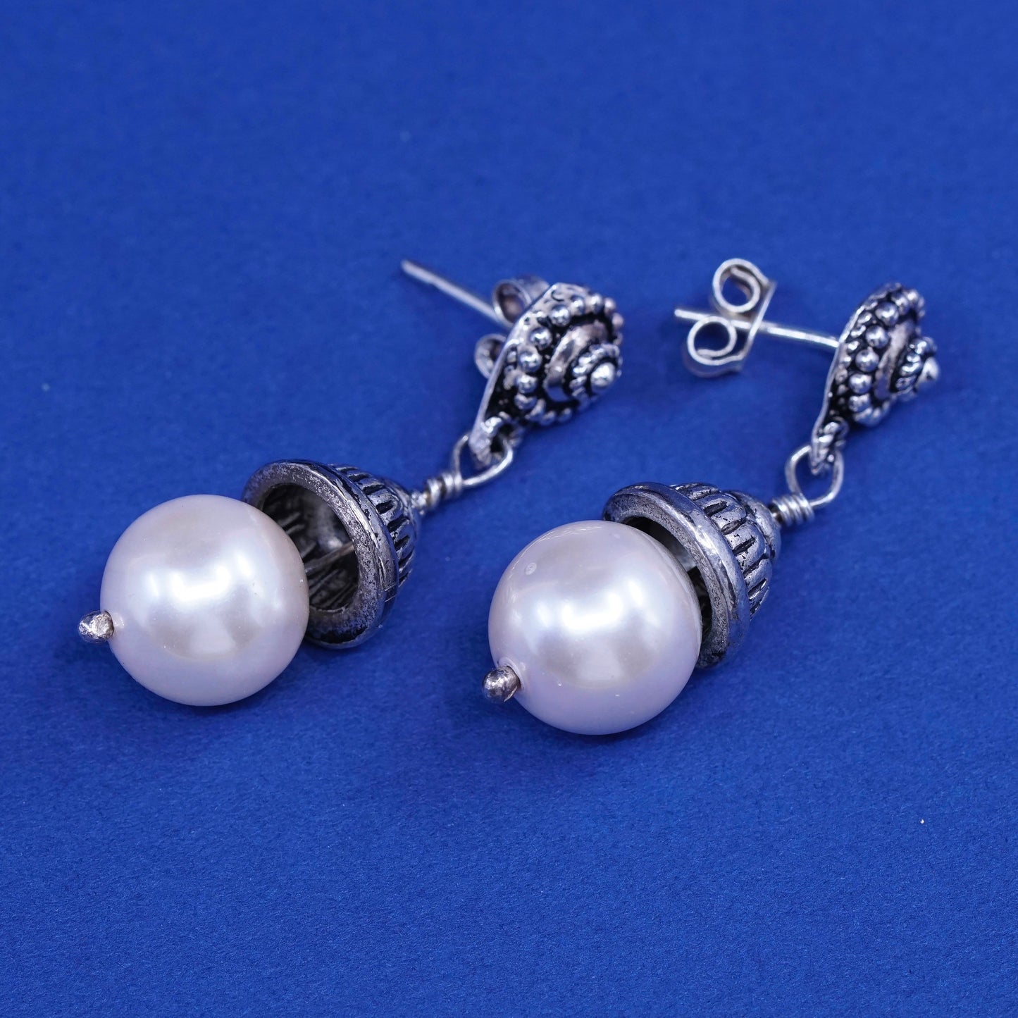 Vintage Sterling silver handmade earrings, bali 925 silver with pearl drops