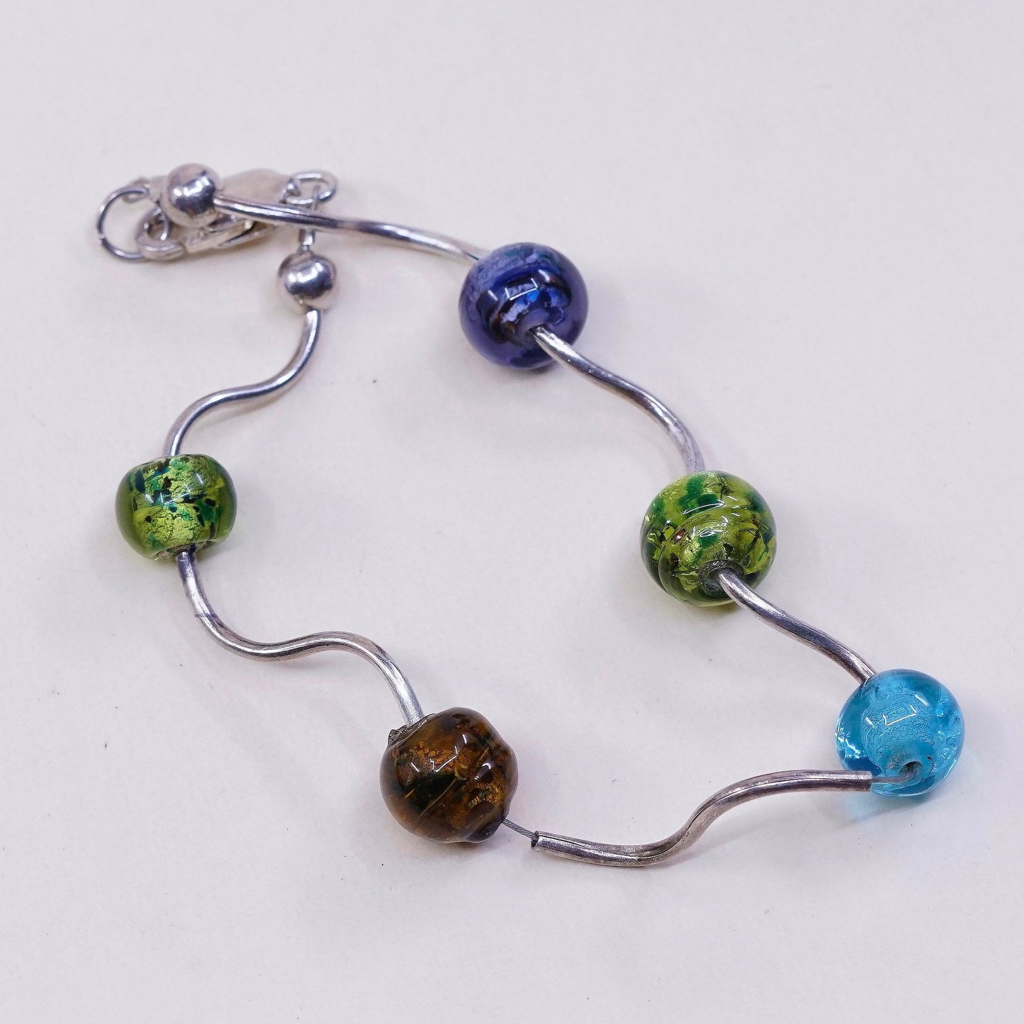 7”, 925 Sterling silver handmade bar and beads bracelet w/ artisan foiled glass