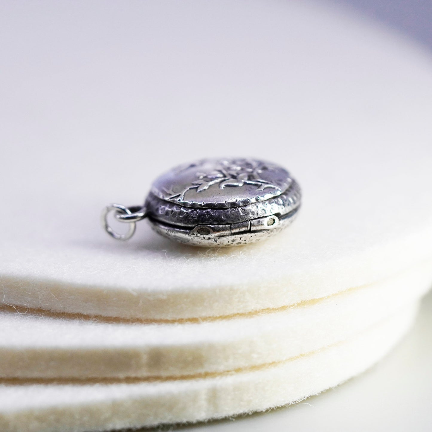 Antique Sterling silver charm, 925 circle photos locket with bird floral relief