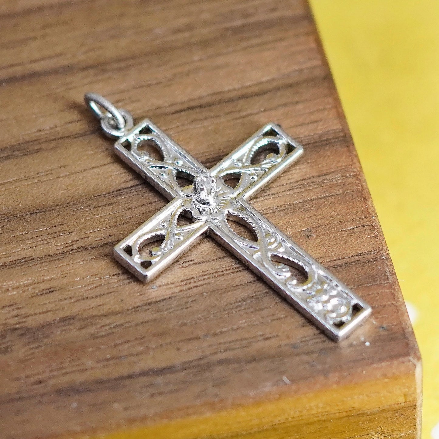Vintage Sterling silver handmade pendant, filigree 925 cross charm with diamond