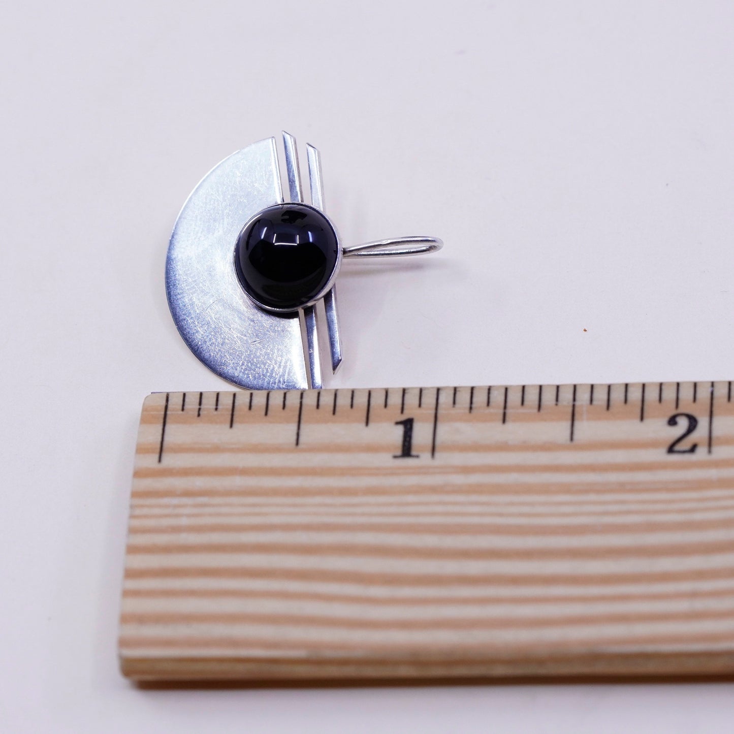 Vintage PJP gold filled sterling silver handmade drop earrings, modern 925 disc with black onyx, stamped sterling GF PJP