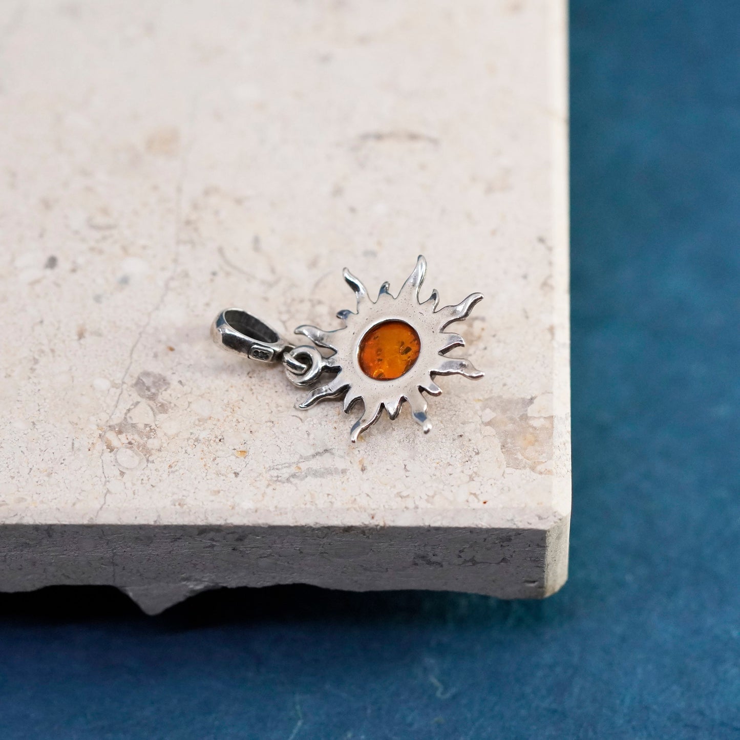 Vintage Sterling 925 silver handmade sun pendant with amber