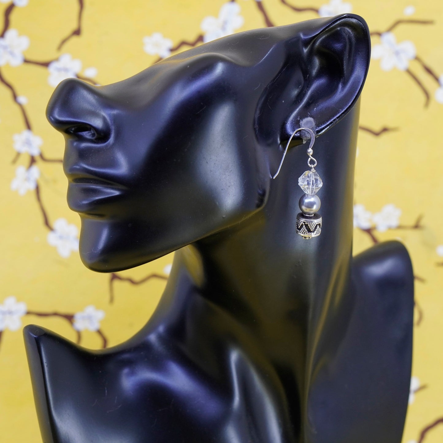 Vintage sterling silver handmade earrings, 925 Bali beads with pearl crystal