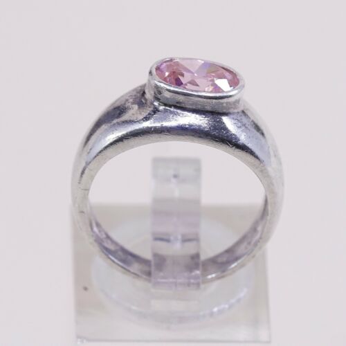 Sz 6.75, Sterling Silver Ring, 925 Silver Engagement Ring W/ pink Crystal