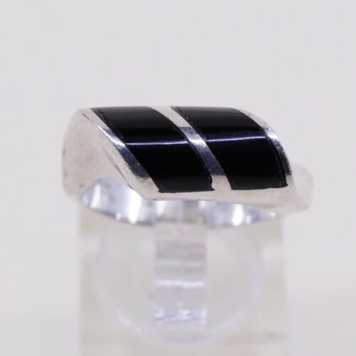 Sz 8, Vtg Sterling Silver Handmade Ring, Mexico 925 Modern Band W Obsidian Inlay
