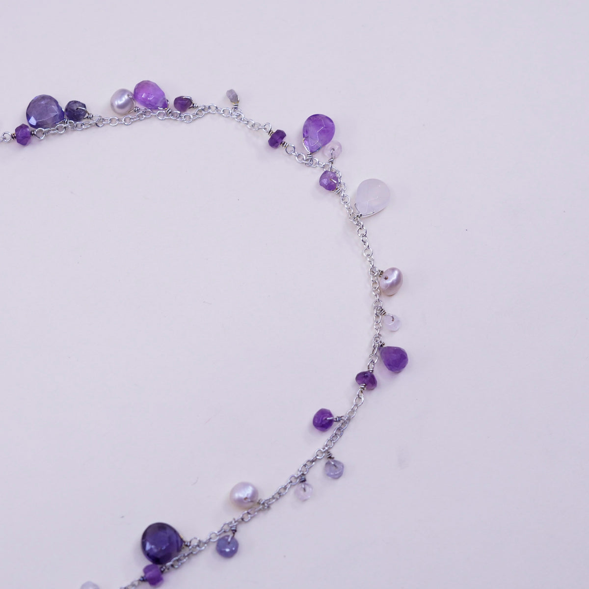 23”, Sterling silver handmade necklace, 925 circle chain amethyst quartz beads