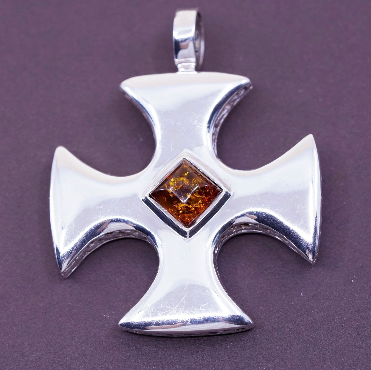 vtg ESPO Sterling silver pendant, 925 Jerusalem cross with filigree and amber