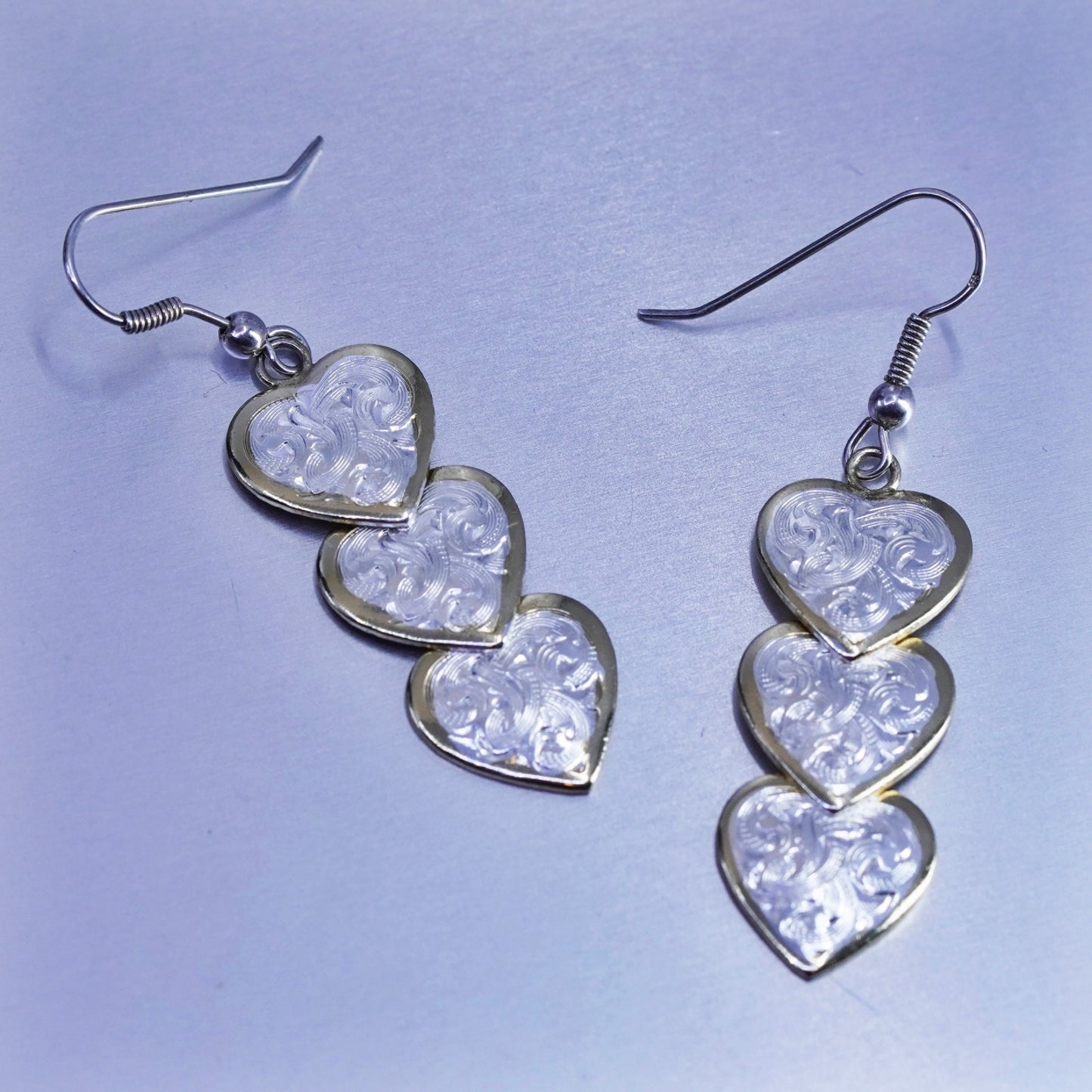 Vintage two tone Sterling 925 silver handmade earrings with textured hearts