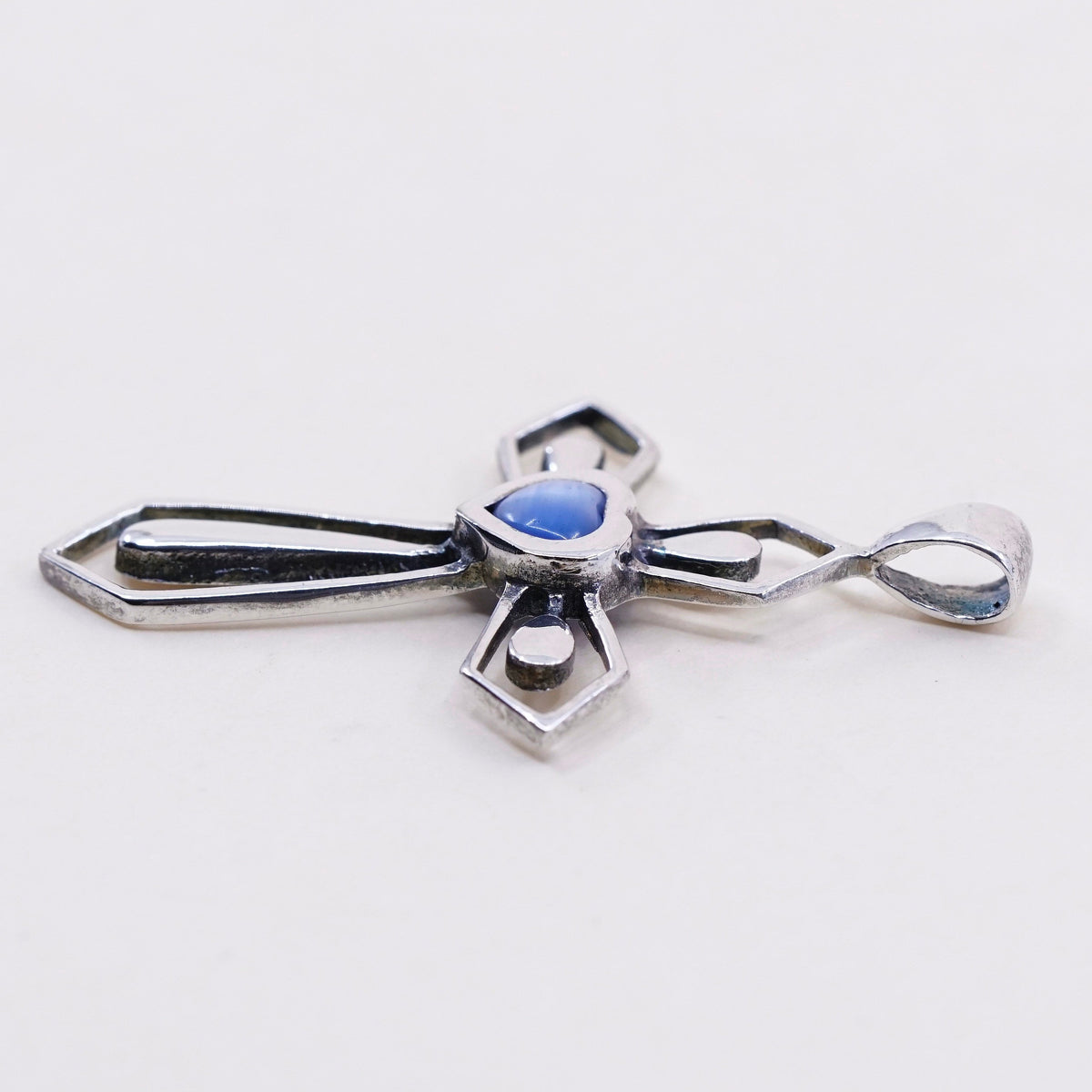 Vintage Sterling silver handmade pendant, Mexican 925 cross with blue tiger eye