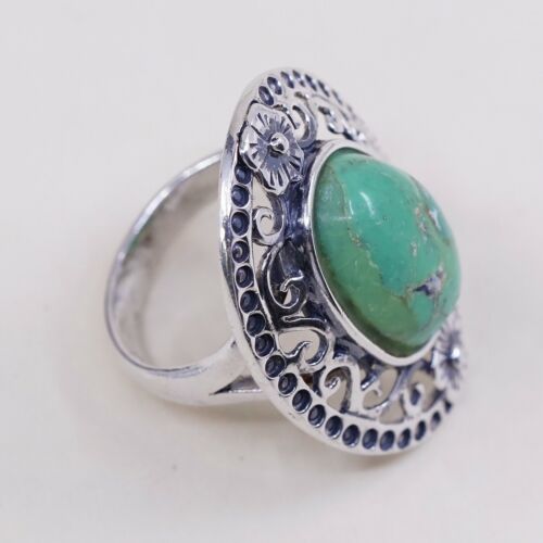 Sz 7, Vtg Thailand Handmade Sterling 925 Filigree W/ Turquoise Statement Ring