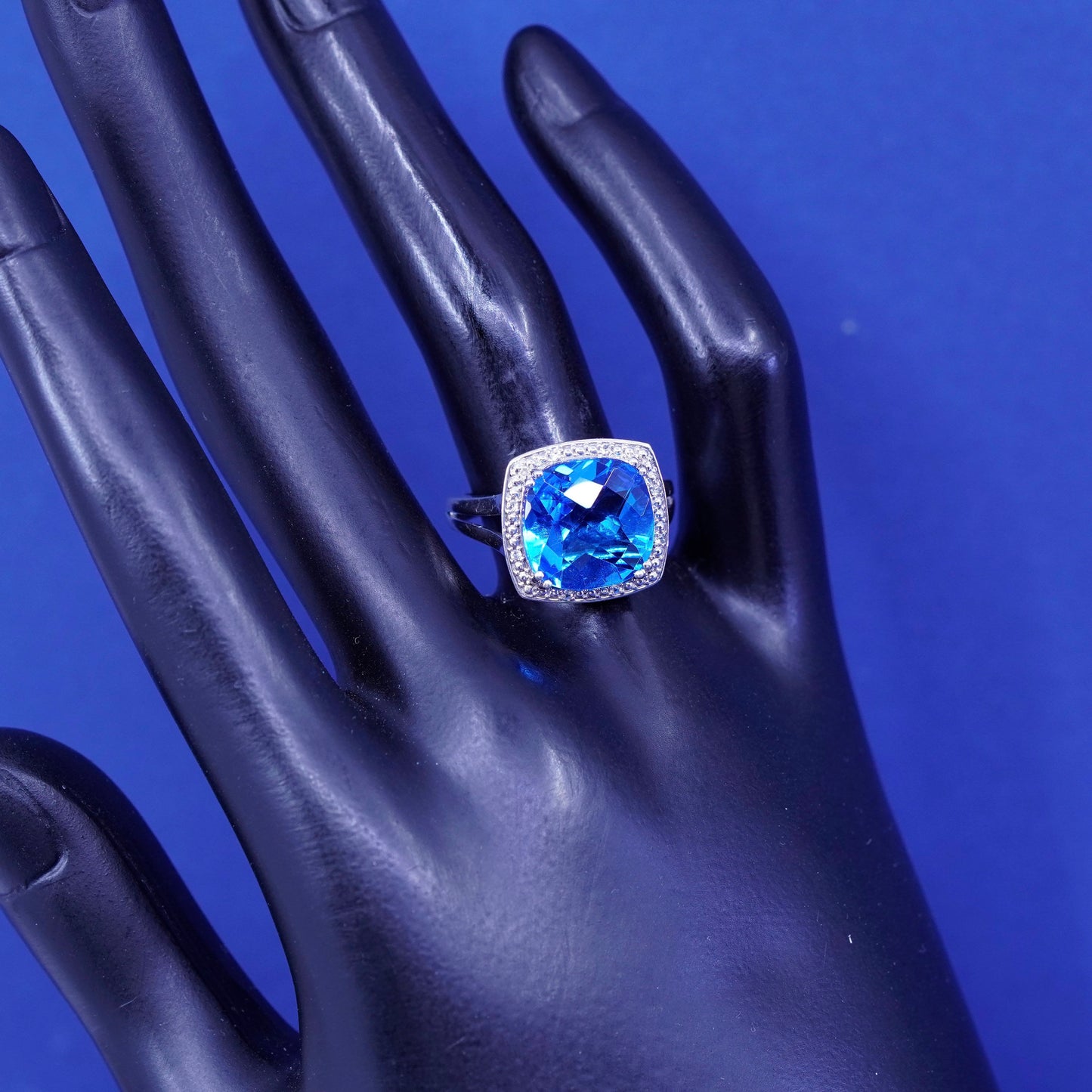 Size 6.75, vintage Sterling 925 silver handmade ring with topaz and diamond