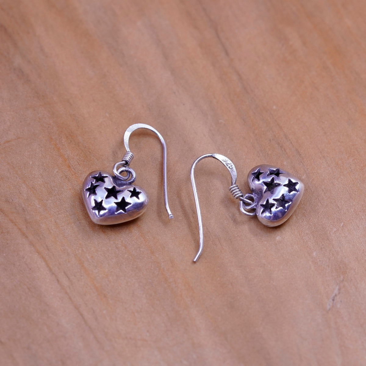 Vintage Sterling silver handmade earrings, 925 heart drops with star cut out