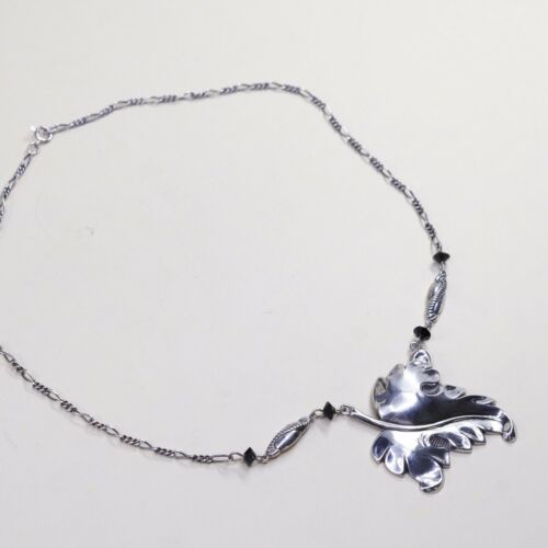 16” Vtg Handmade Sterling 925 Silver Necklace Figaro Chain W/ Maple Leaf Pendent