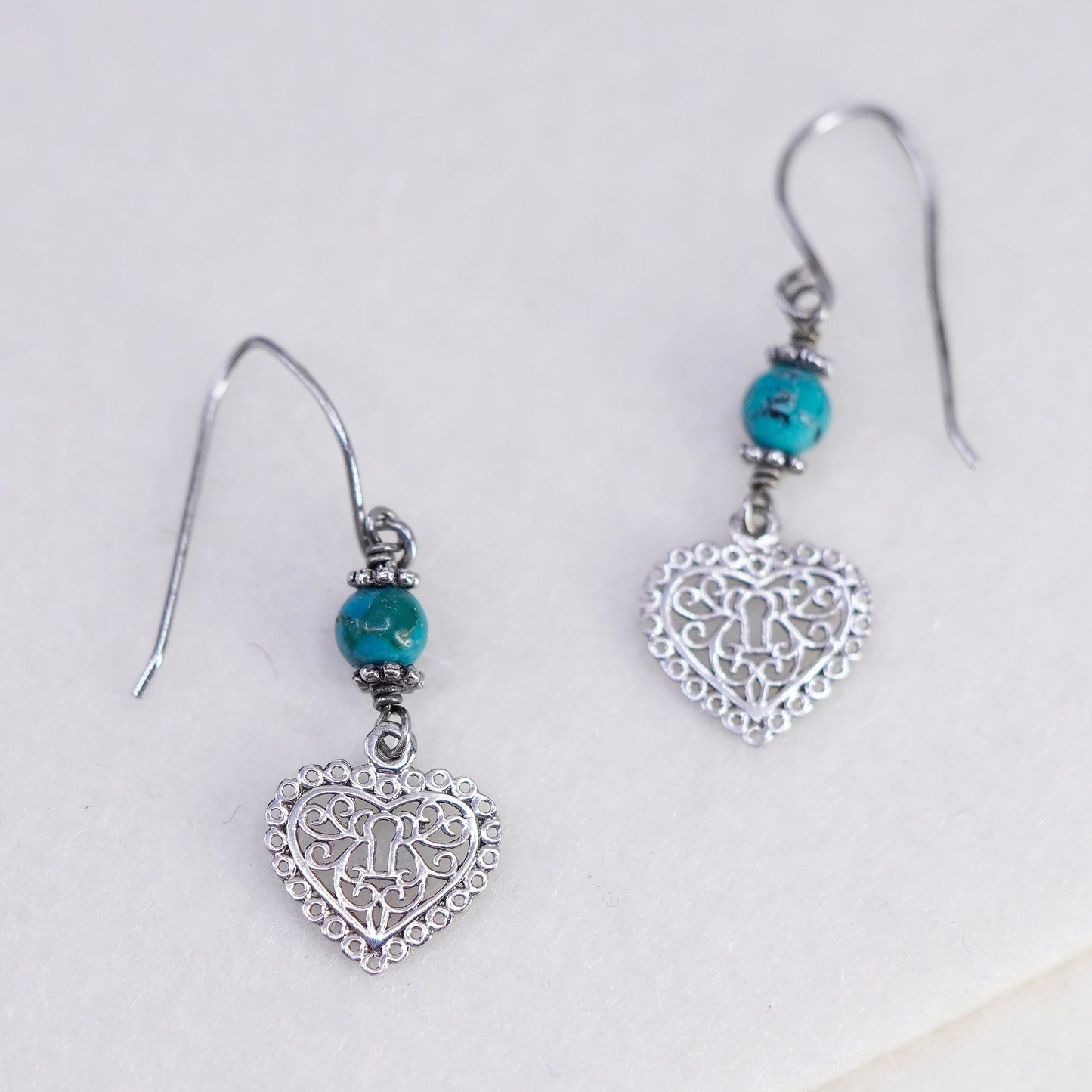 Vintage Sterling 925 silver handmade filigree heart earrings with turquoise