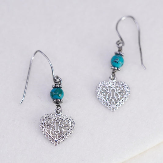 Vintage Sterling 925 silver handmade filigree heart earrings with turquoise
